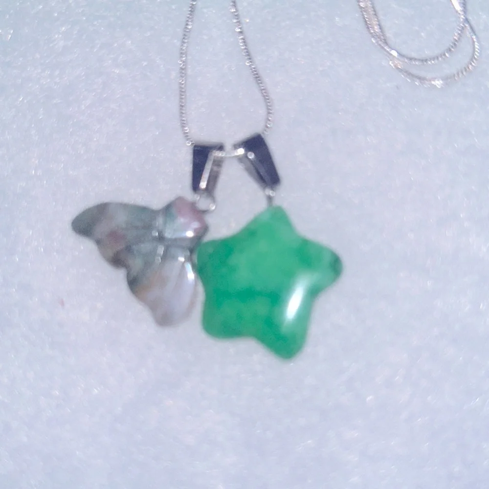 Boho hippie Jade Mermaid tail and Jade Star Sterling Silver Necklace 16”
